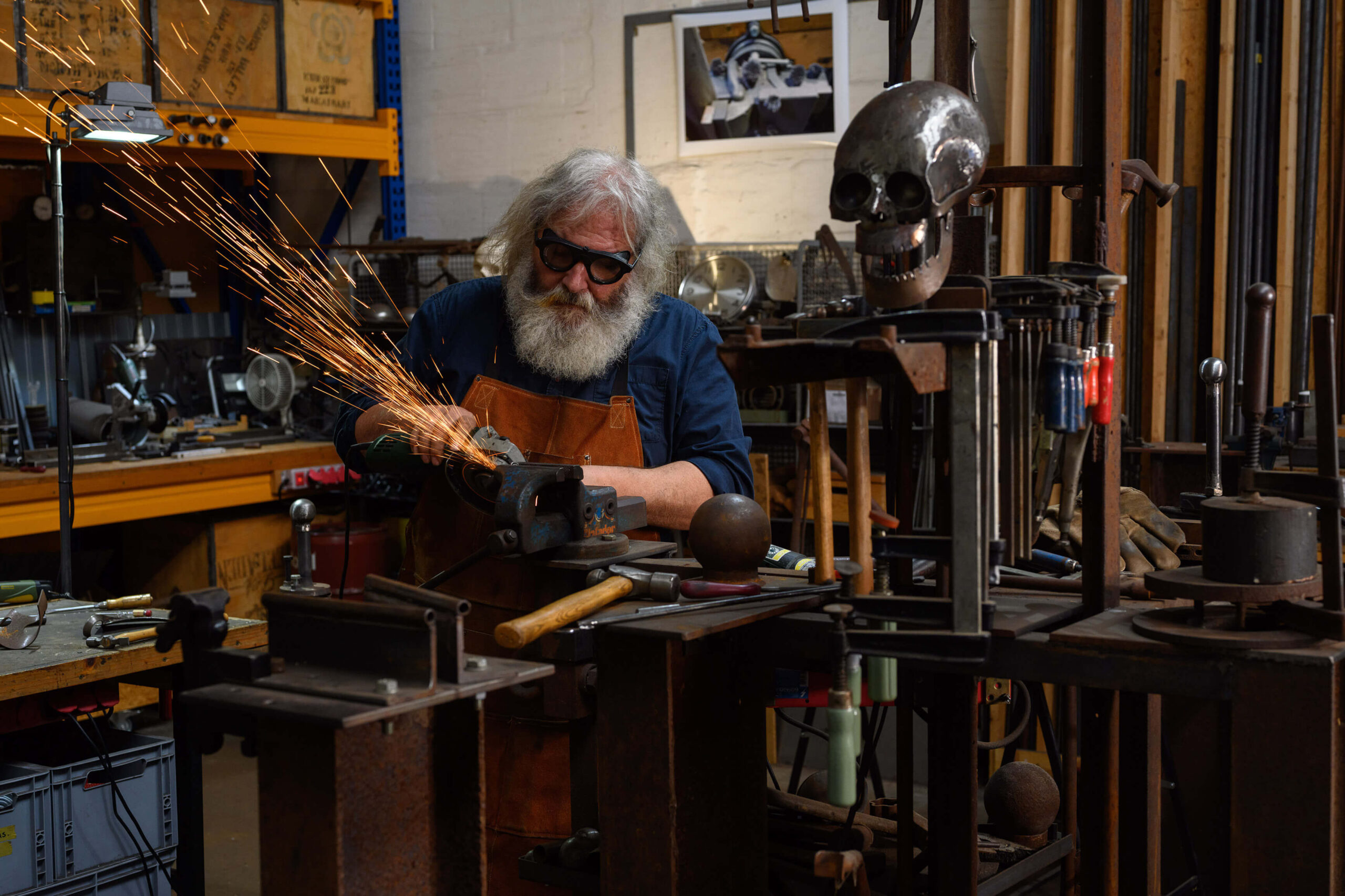 Portrait of sculptor Wolfgang Oude Hengel at work in his studio in Mönchengladbach, Germany.