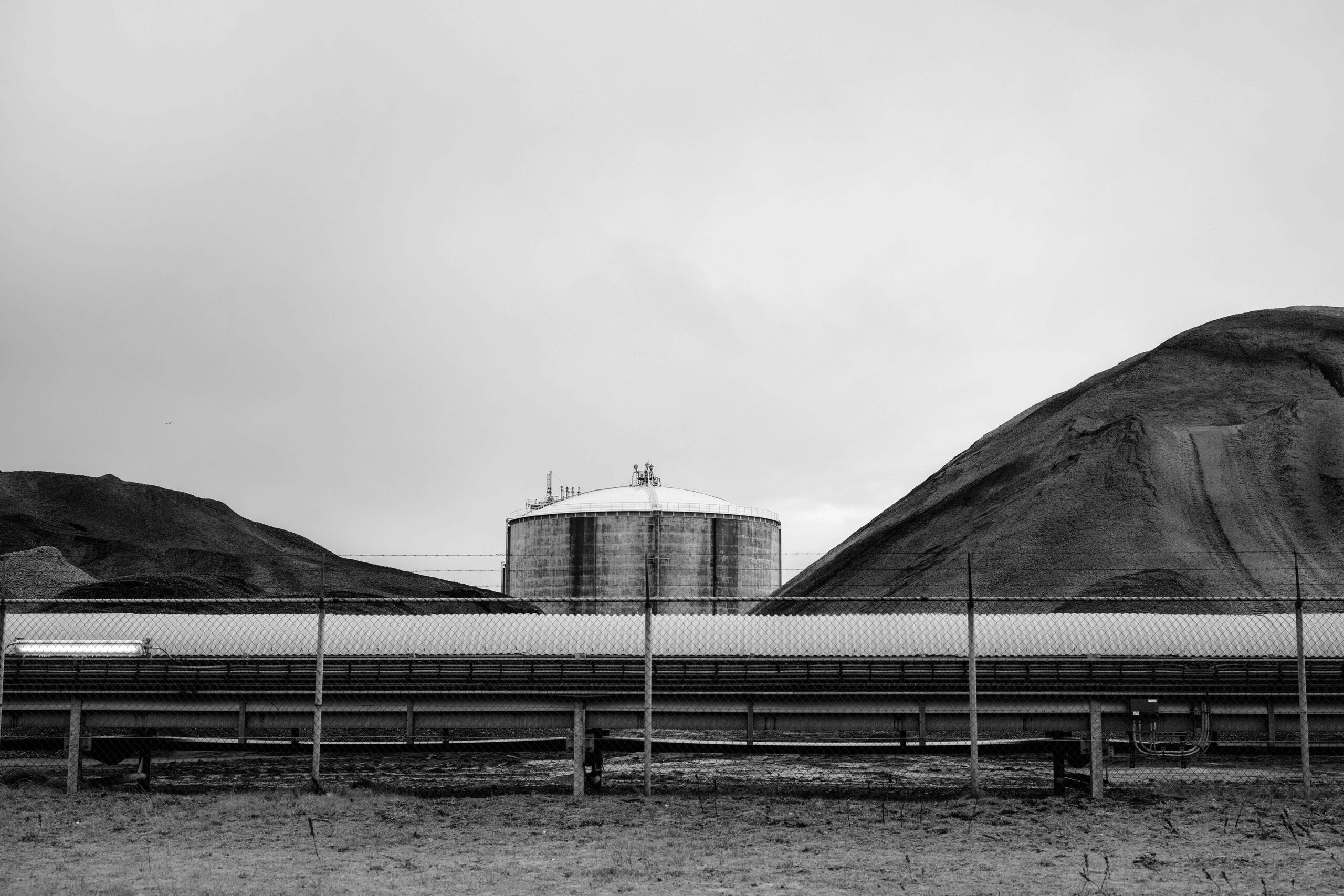 Maasvlakte coal-fired power plant in black and white in the Port of Rotterdam, Netherlands.