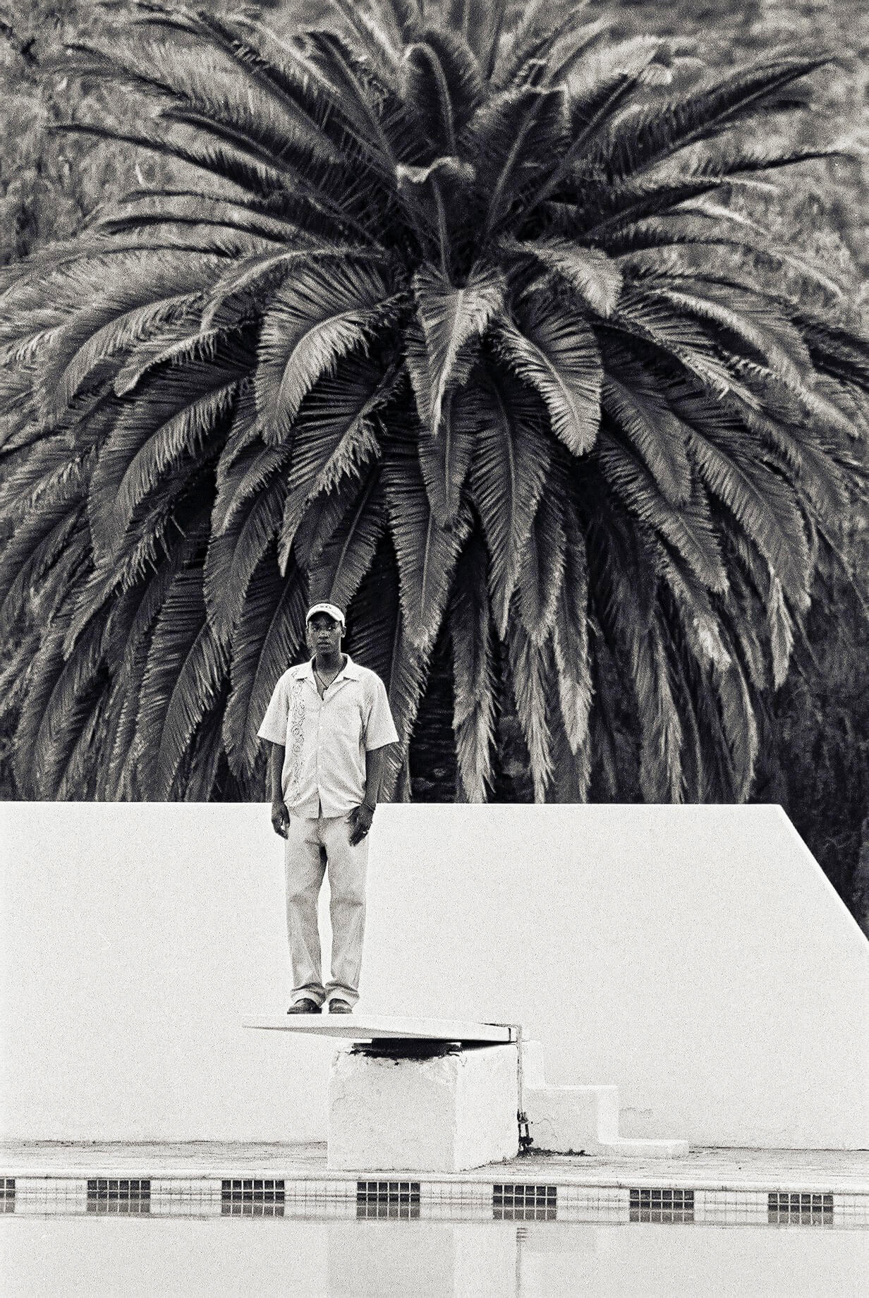 Portrait of an African man standing on a diving board at a swimming pool fully clothed in front of a palm tree.