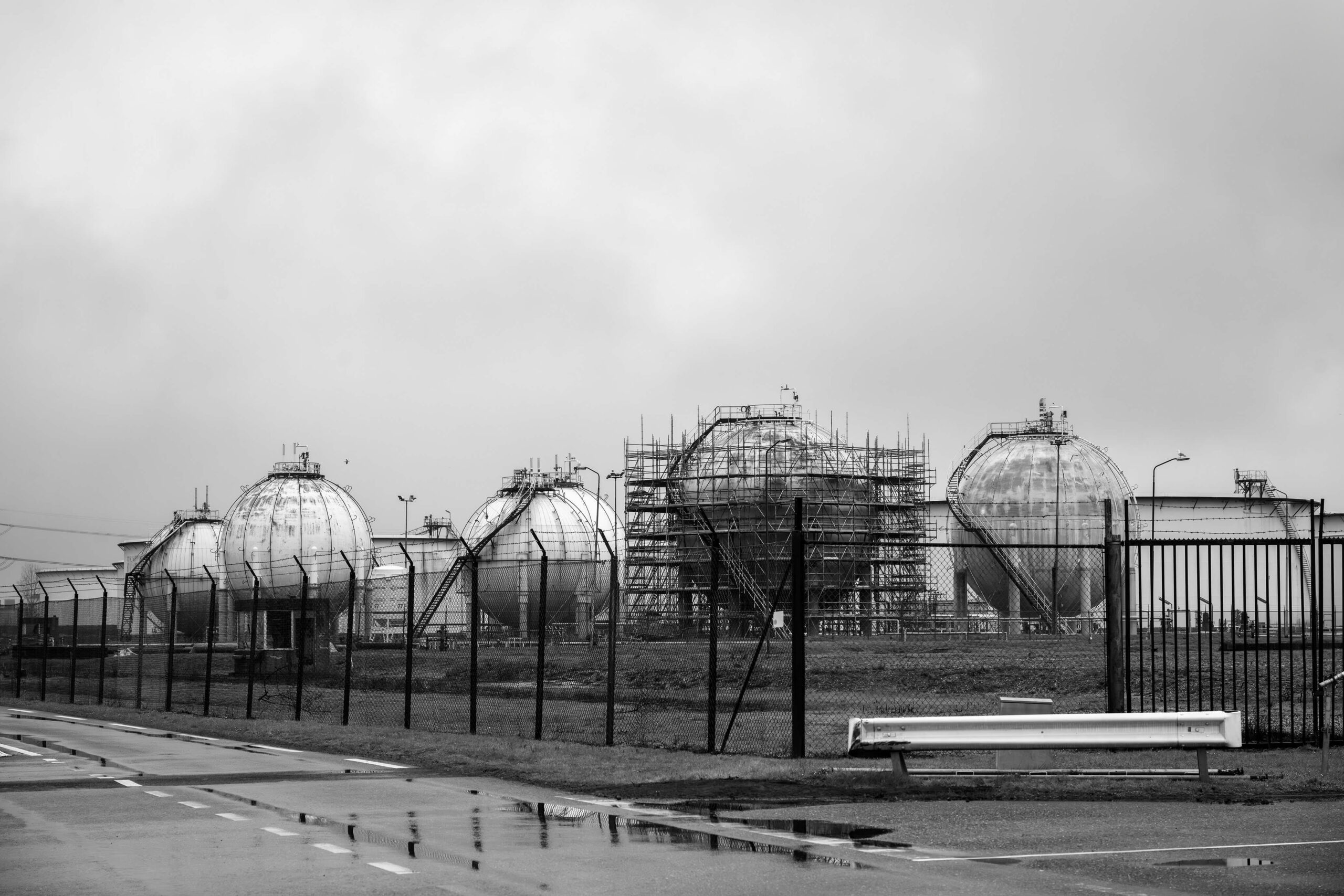 Spherical LNG storage tanks in black and white in Maasvlakte 2 Rotterdam's newest port intended to become the most sustainable and innovative port in the world.