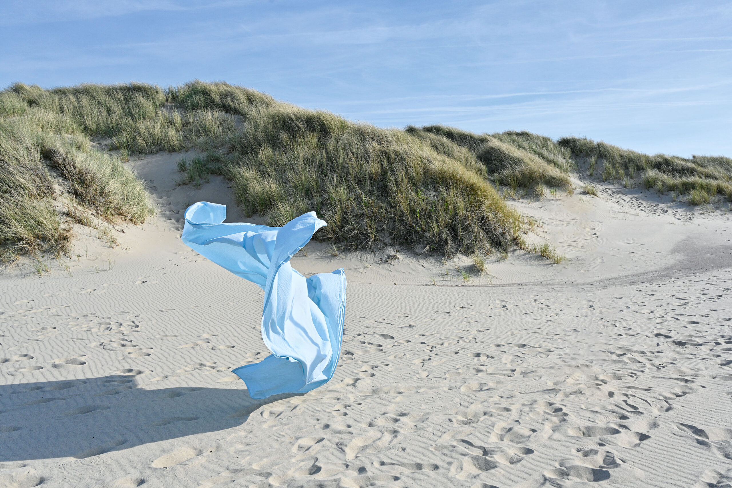 A blue backdrop dancing in the wind on a summer's day in Bergen aan Zee, a beautiful village along the North Sea coast in the Netherlands. Bergen's white sandy beach with high grassy dunes stretches for miles.